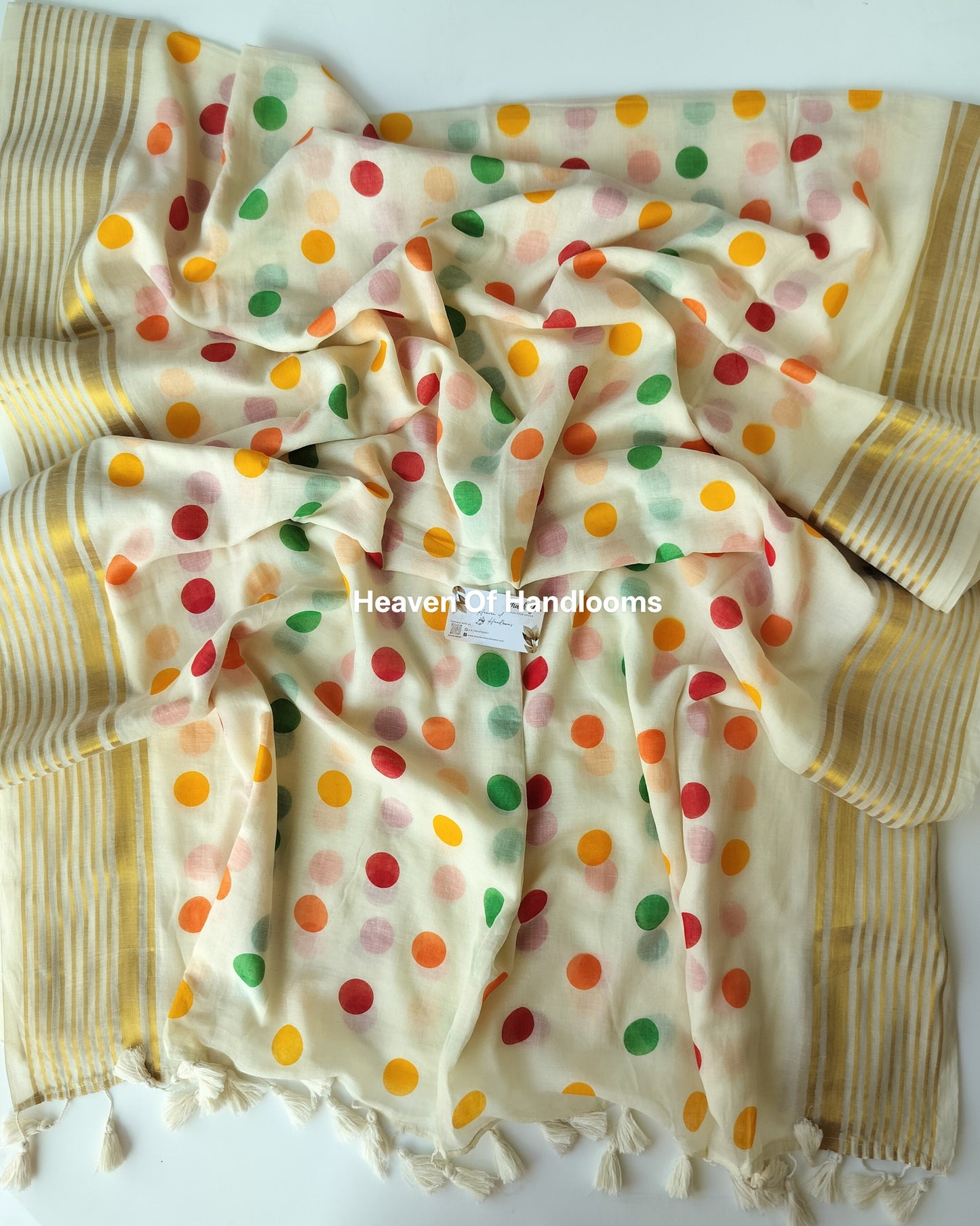Onam-Vishu Saree - Beige Multi Polka