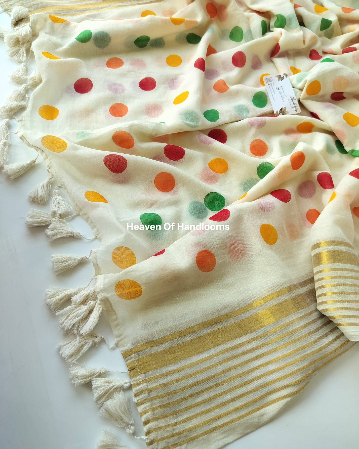 Onam-Vishu Saree - Beige Multi Polka
