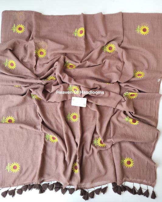 Embroidery Saree - Choco Sunflower