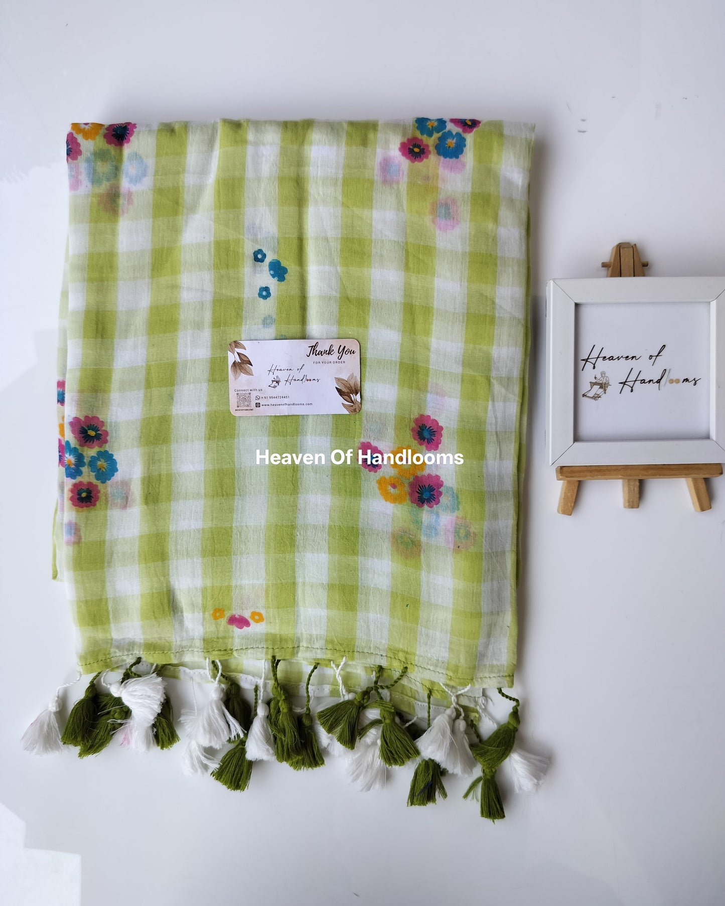 Printed Saree -  Green Check Floral Print