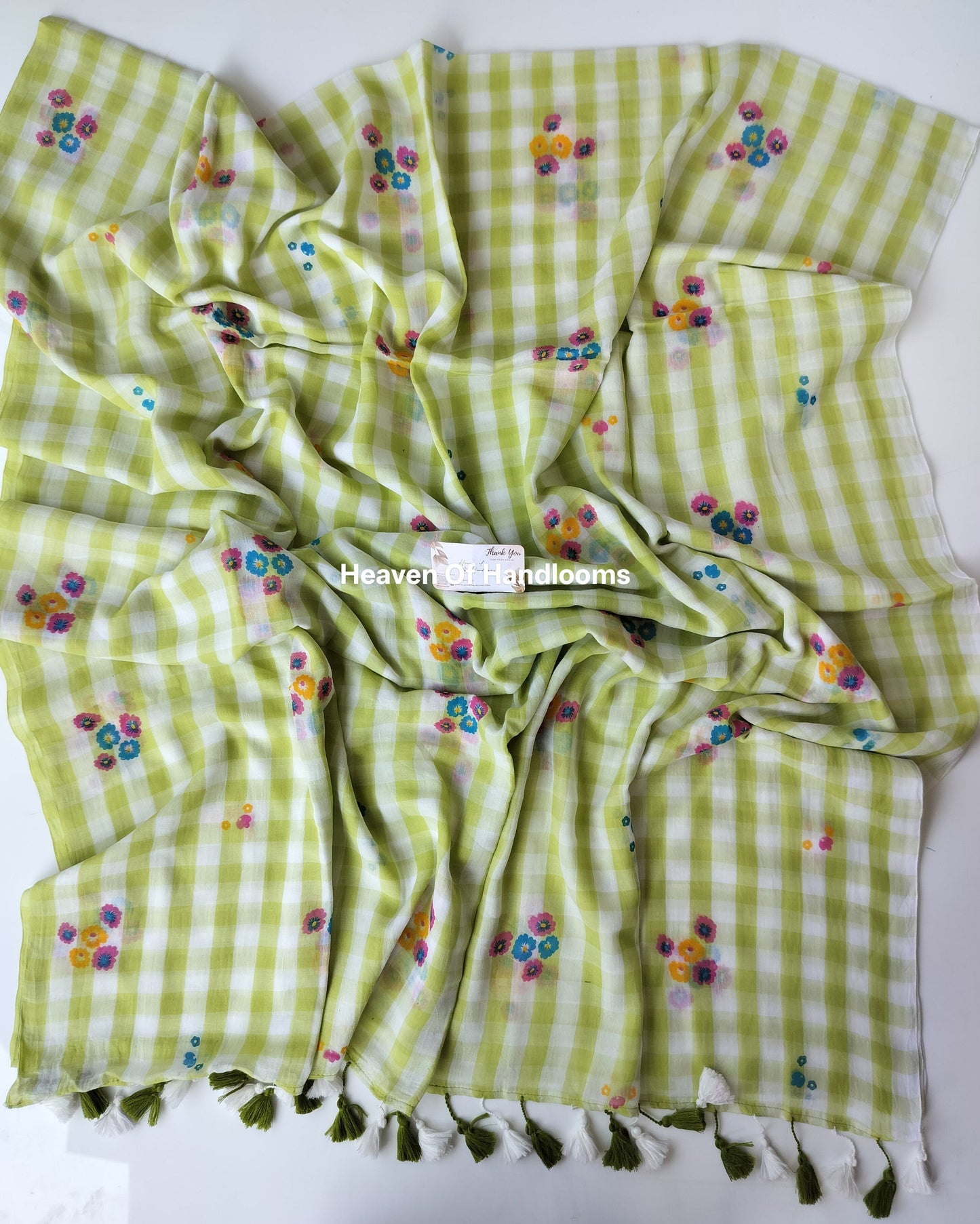Printed Saree -  Green Check Floral Print
