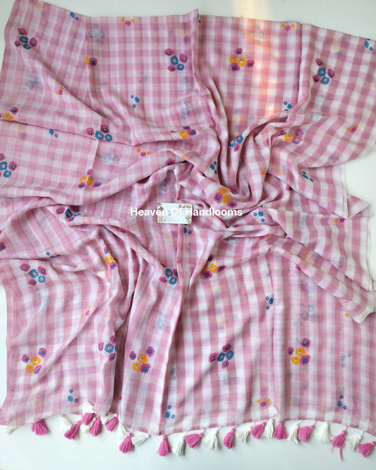 Printed Saree -  Pink Check Floral Print