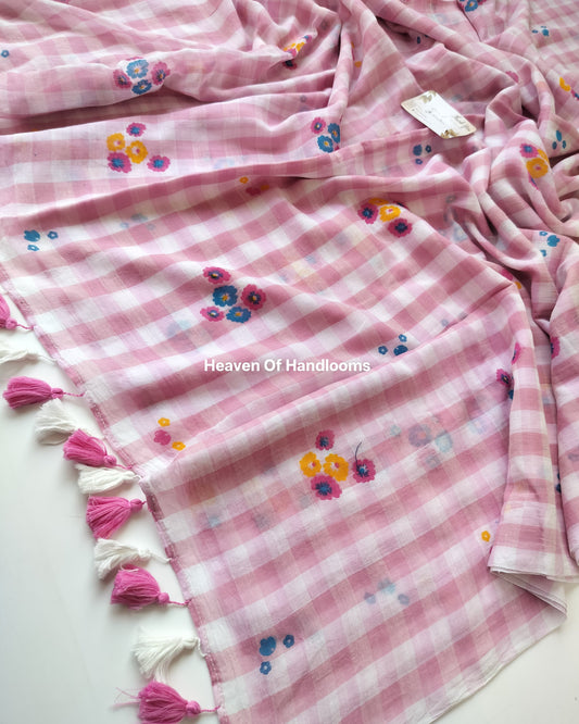 Printed Saree -  Pink Check Floral Print