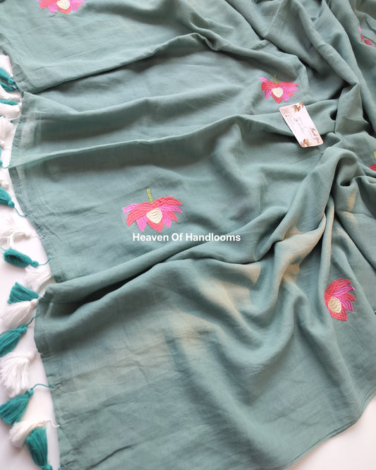 Embroidery Saree -Pine Green Lotus