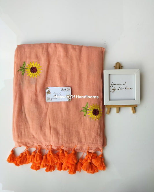 Embroidery Saree - Peach Sunflower