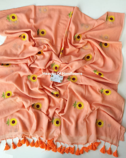 Embroidery Saree - Peach Sunflower