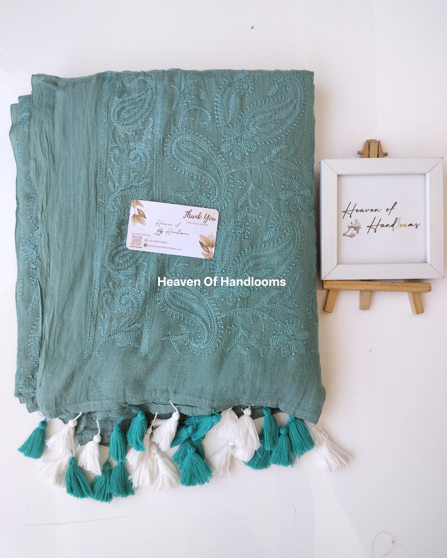 Festive Saree - Muted Teal Blue Chikankari