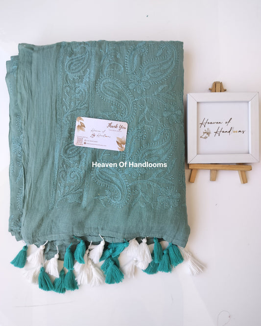 Festive Saree - Muted Teal Blue Chikankari
