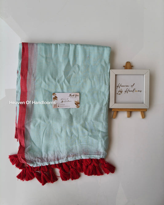 Plain Mul Saree - Pastel Sky with Red Border