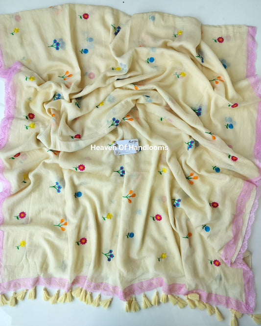 Embroidery Saree - Cream Pink Lace