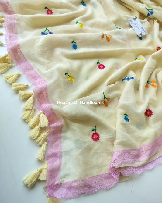 Embroidery Saree - Cream Pink Lace