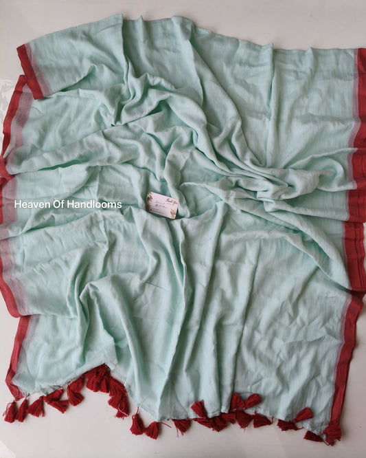 Plain Mul Saree - Pastel Sky with Red Border