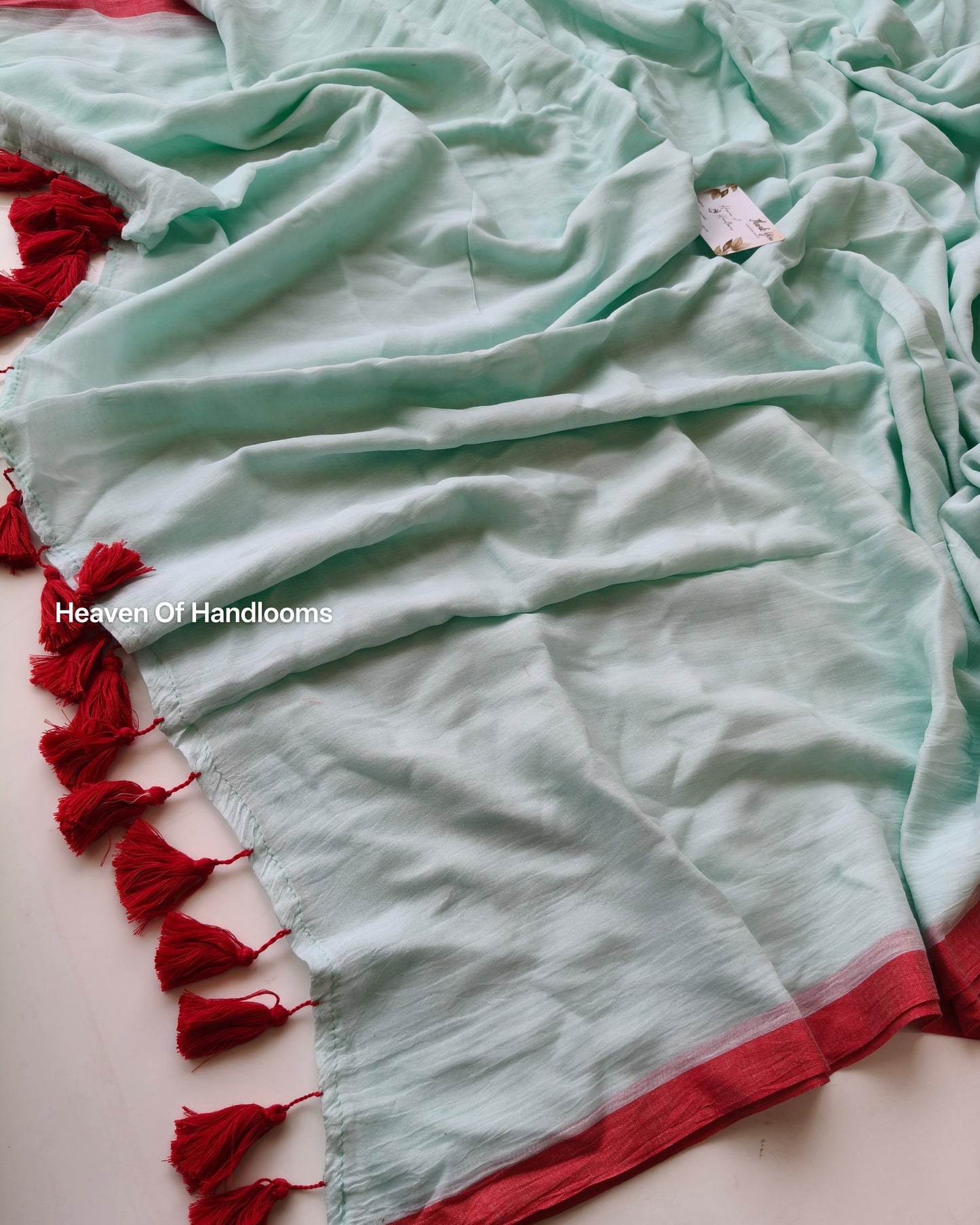Plain Mul Saree - Pastel Sky with Red Border