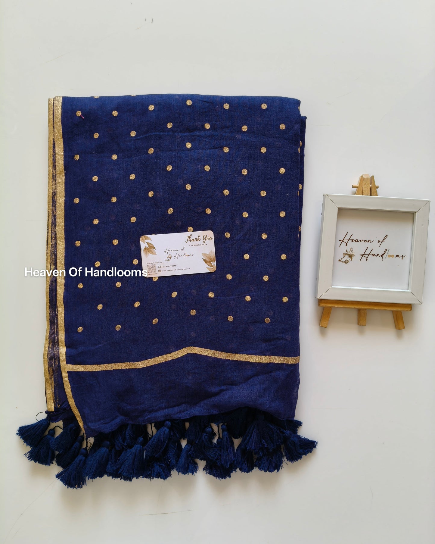 Printed Saree - Navy Blue Polka