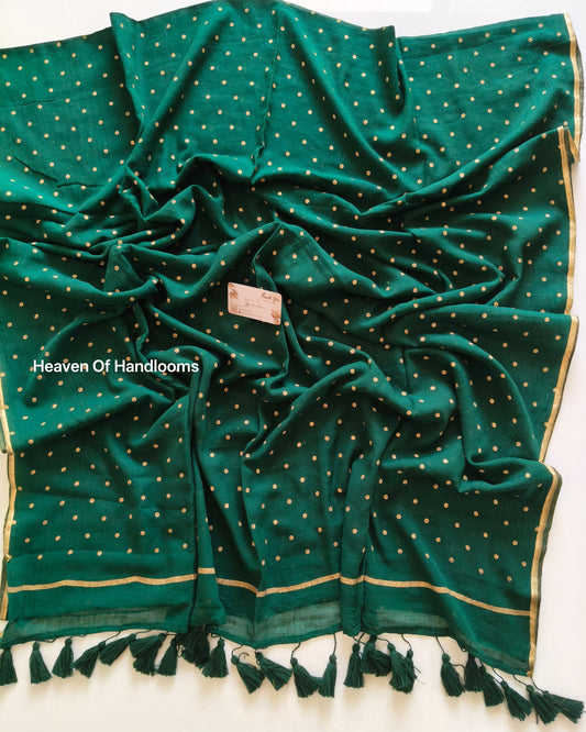 Printed Saree - Dark Jungle Golden Polka Dot