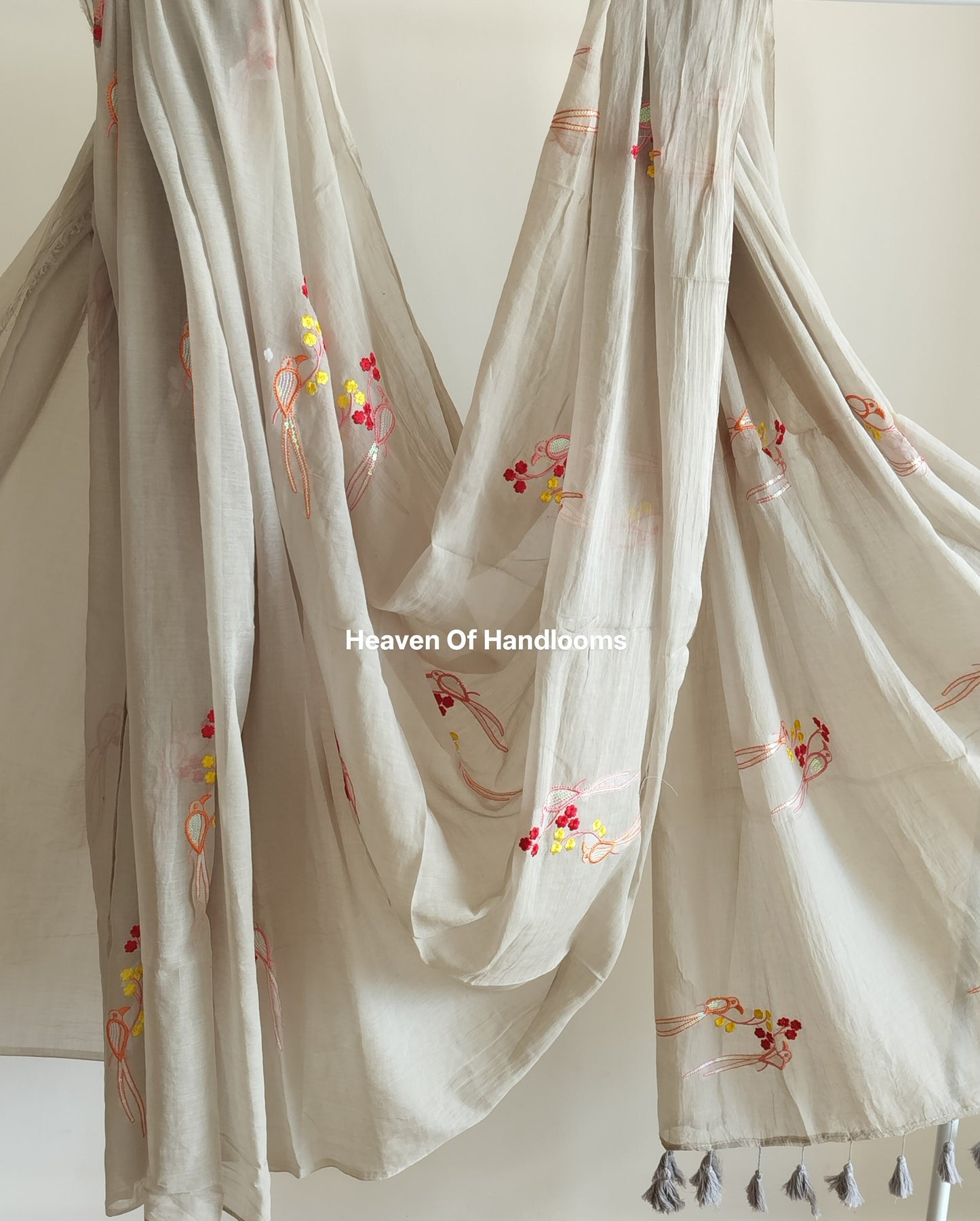 Festive Saree - Pastel Gray Parrots