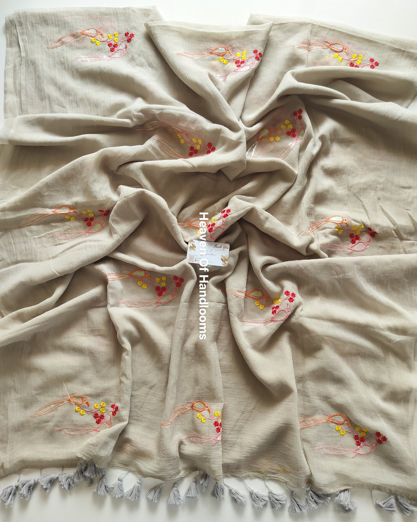 Festive Saree - Pastel Gray Parrots