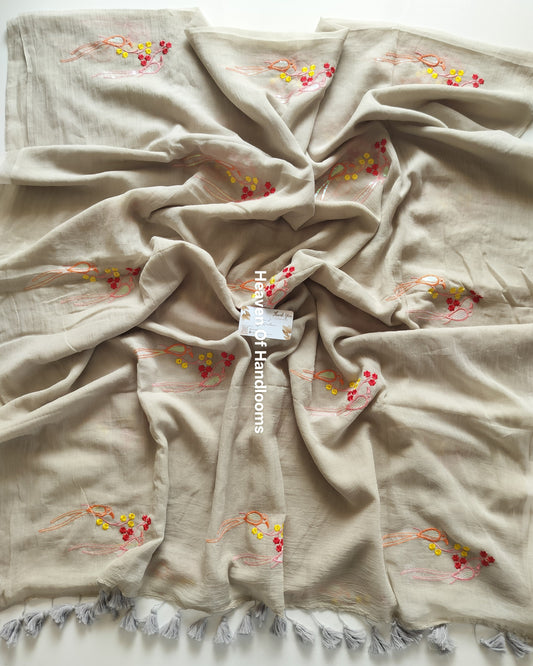 Festive Saree - Pastel Gray Parrots