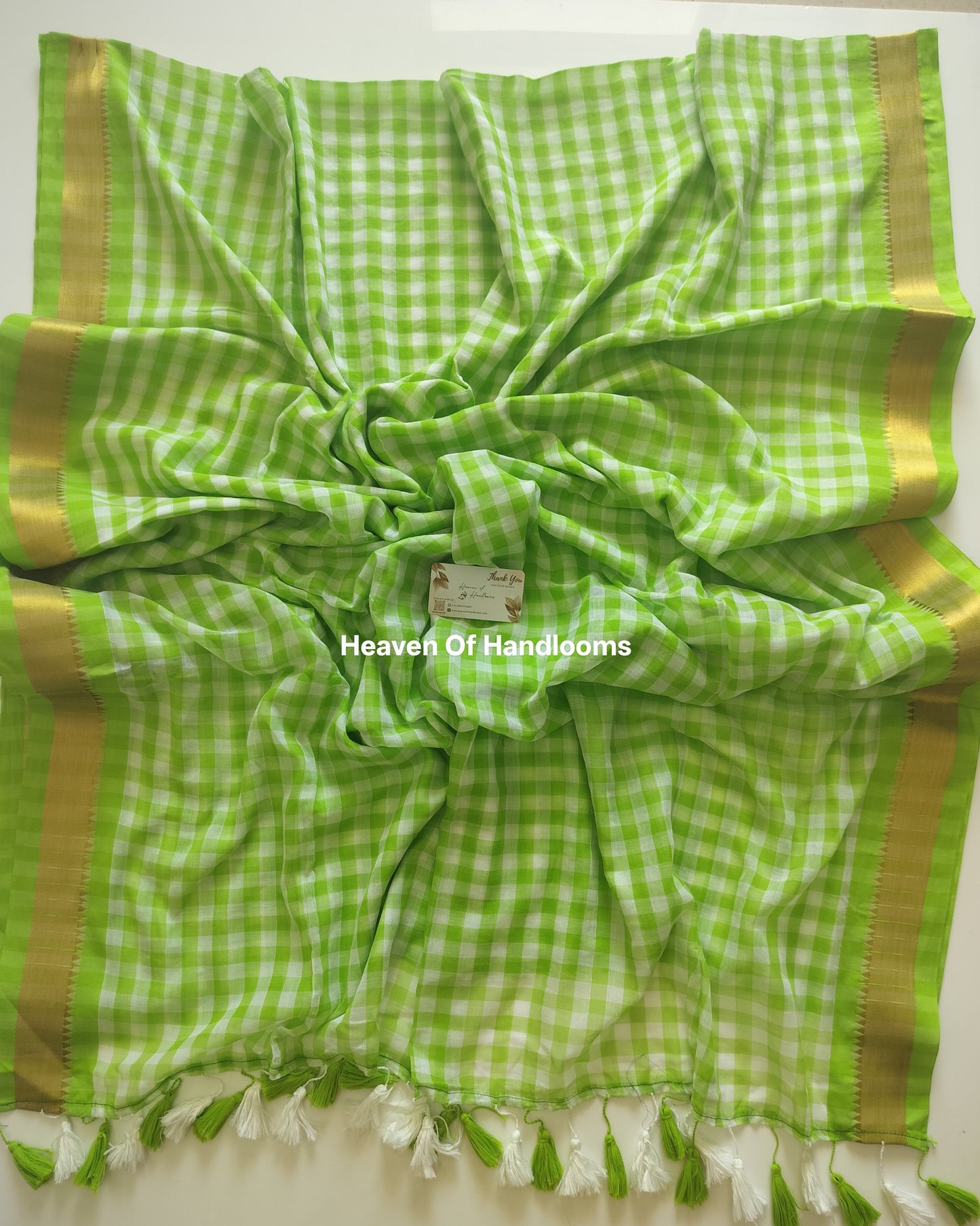 Festive Saree - Green Check Border