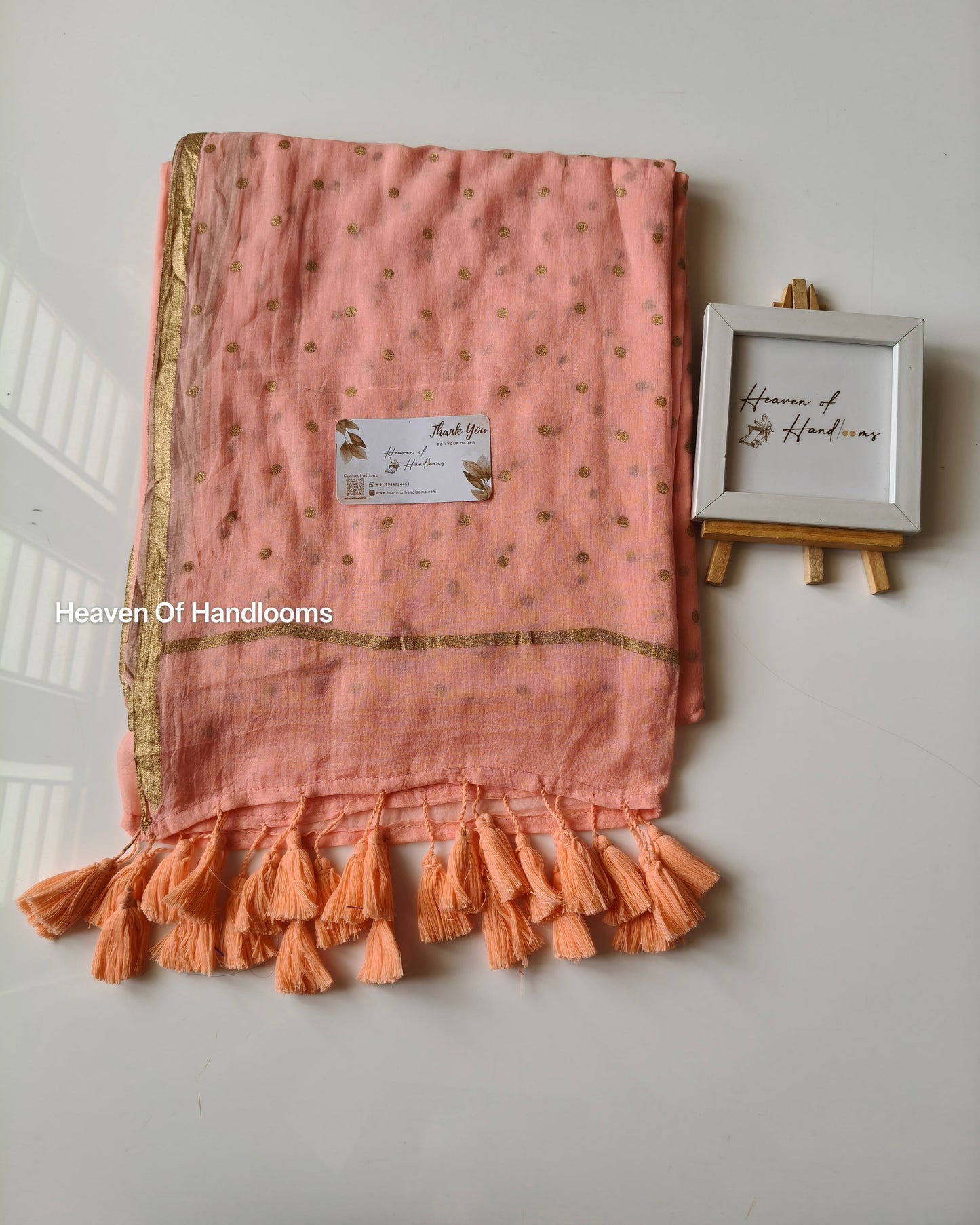 Printed Saree - Pastel Peach  with Golden Polka Dot
