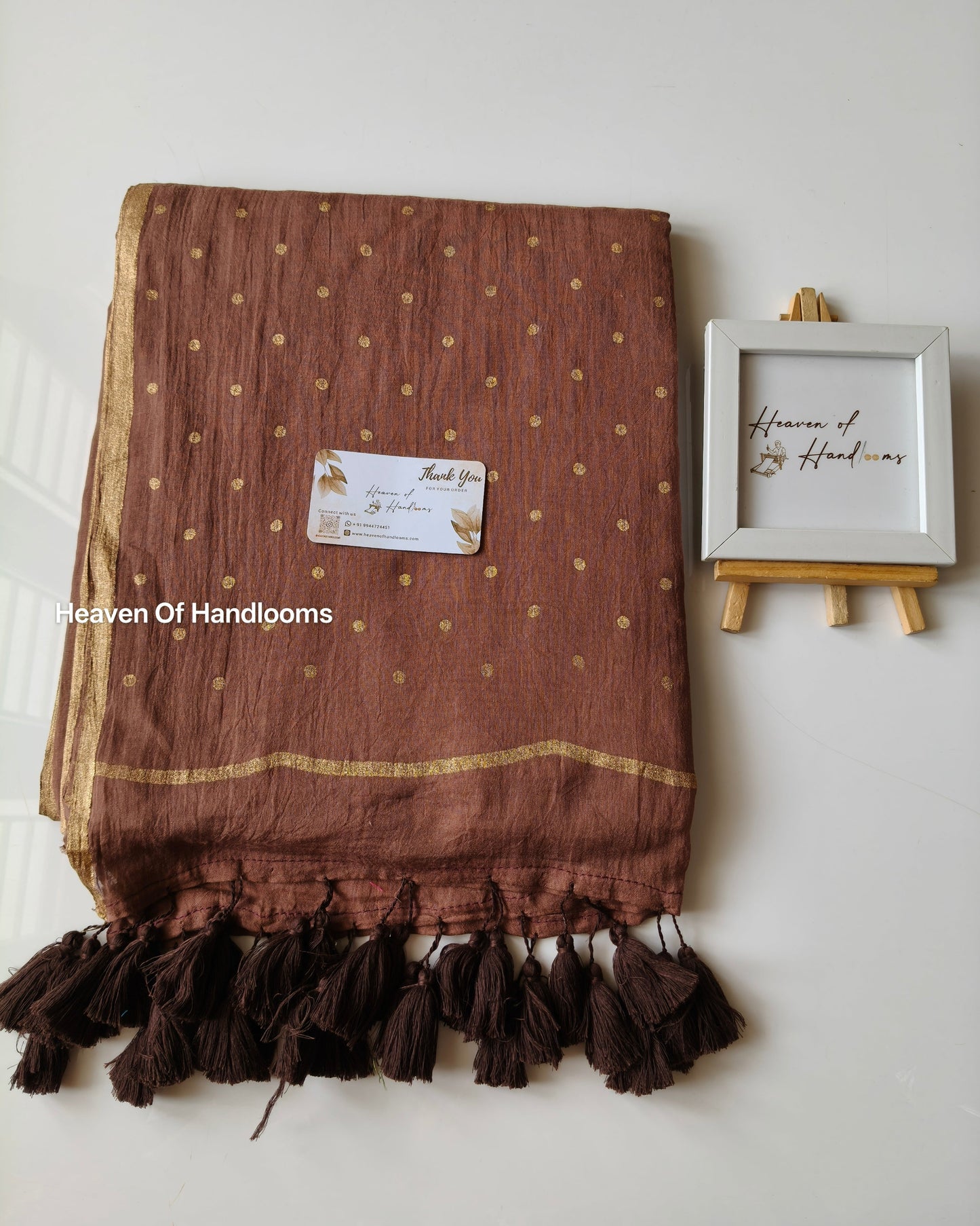 Printed Saree - Light Choco with Golden Polka Dot