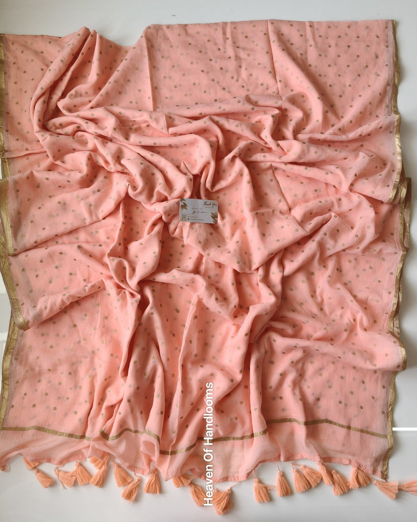 Printed Saree - Pastel Peach  with Golden Polka Dot