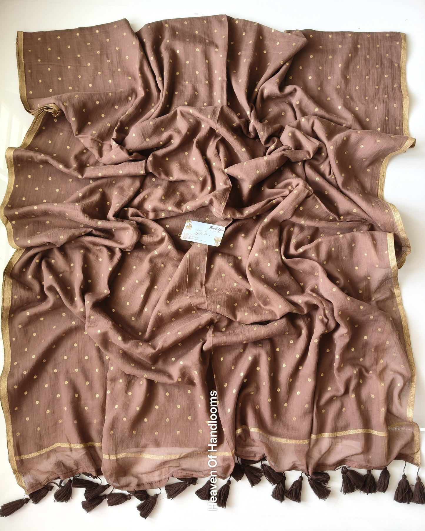 Printed Saree - Light Choco with Golden Polka Dot