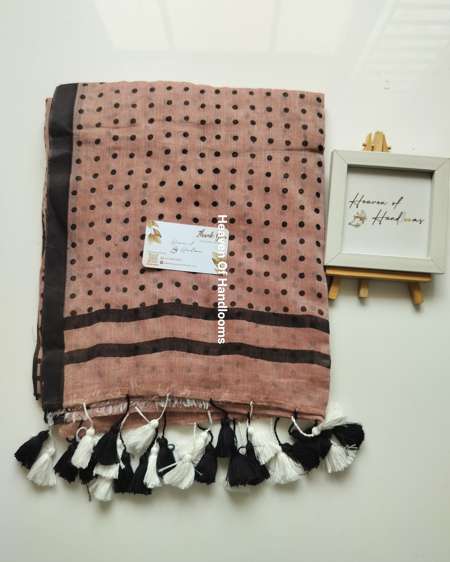 Printed Saree - Cinnamon Polka Dot With BW Tassels