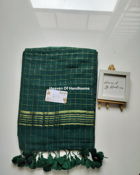 Festive Saree - Green Golden Zari checked
