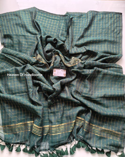 Festive Saree - Green Golden Zari checked