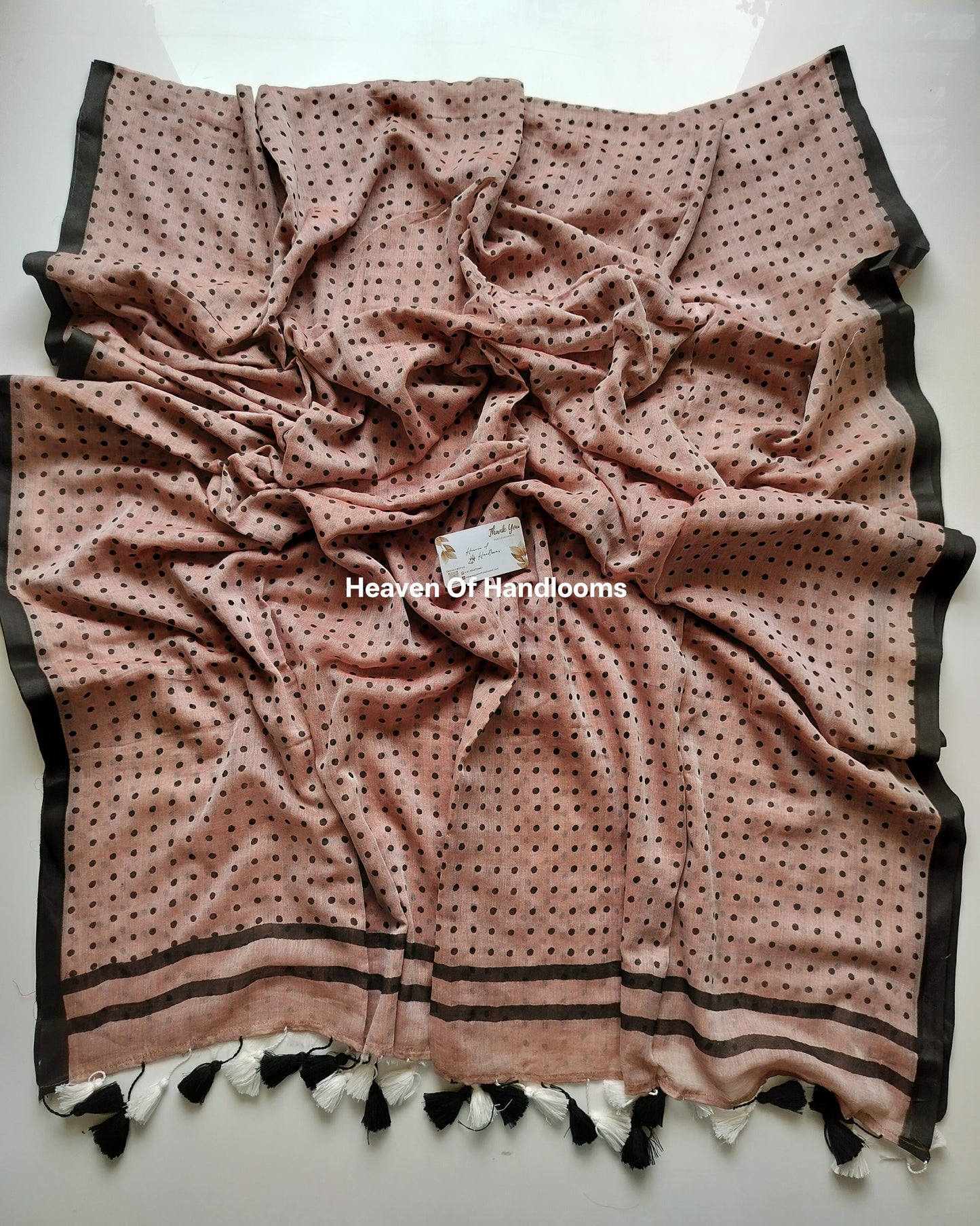 Printed Saree - Cinnamon Polka Dot With BW Tassels