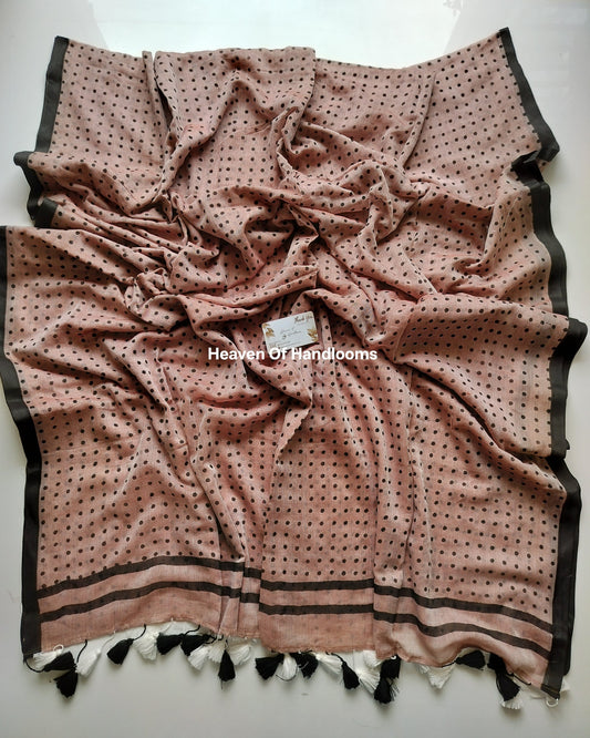 Printed Saree - Cinnamon Polka Dot With BW Tassels