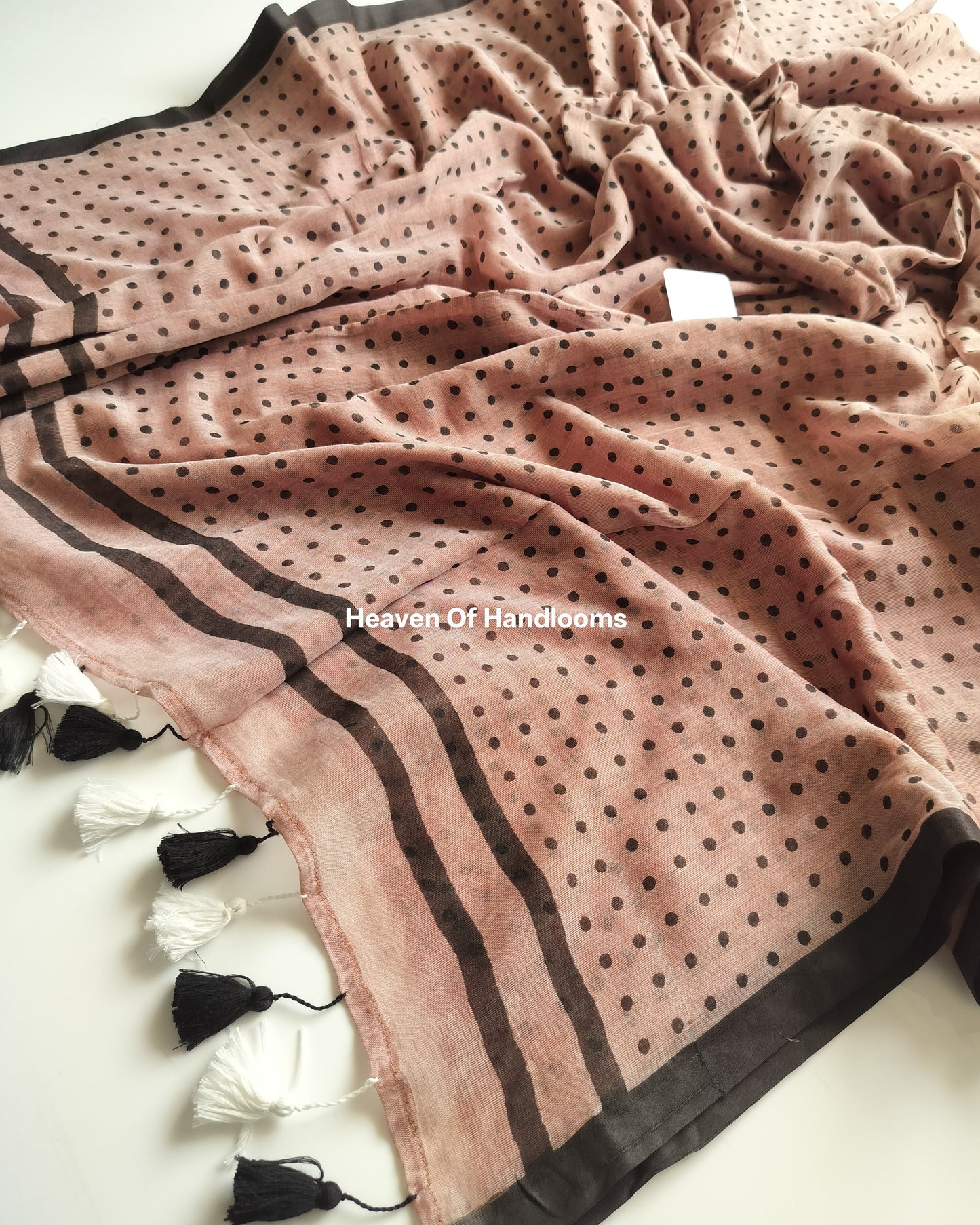 Printed Saree - Cinnamon Polka Dot With BW Tassels