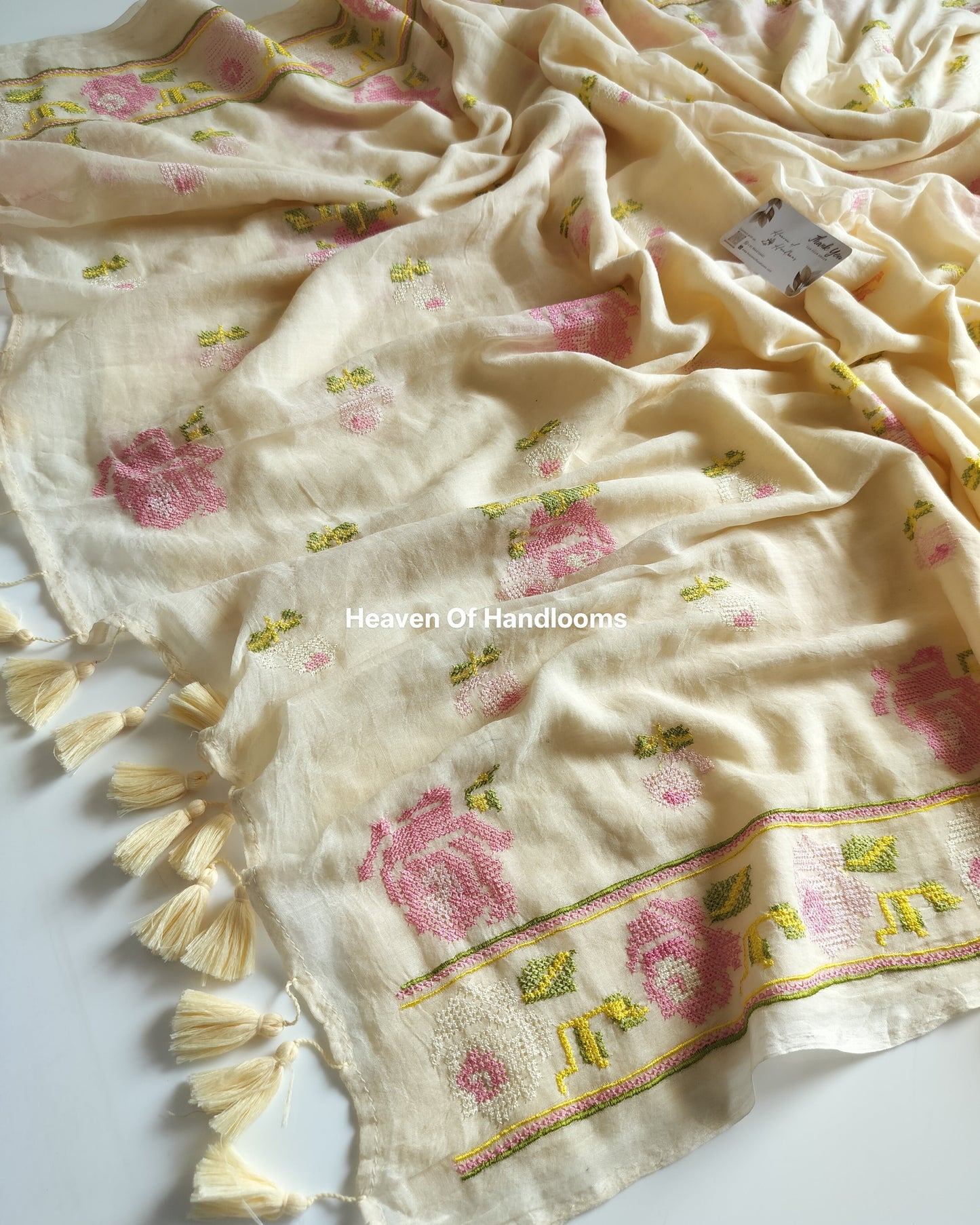 Festive Saree - Cream Cross Stitch