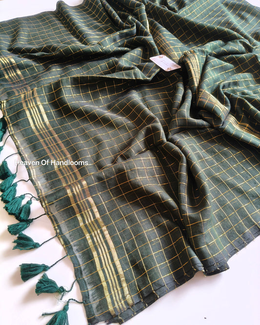 Festive Saree - Bottle  Green Golden Zari checked