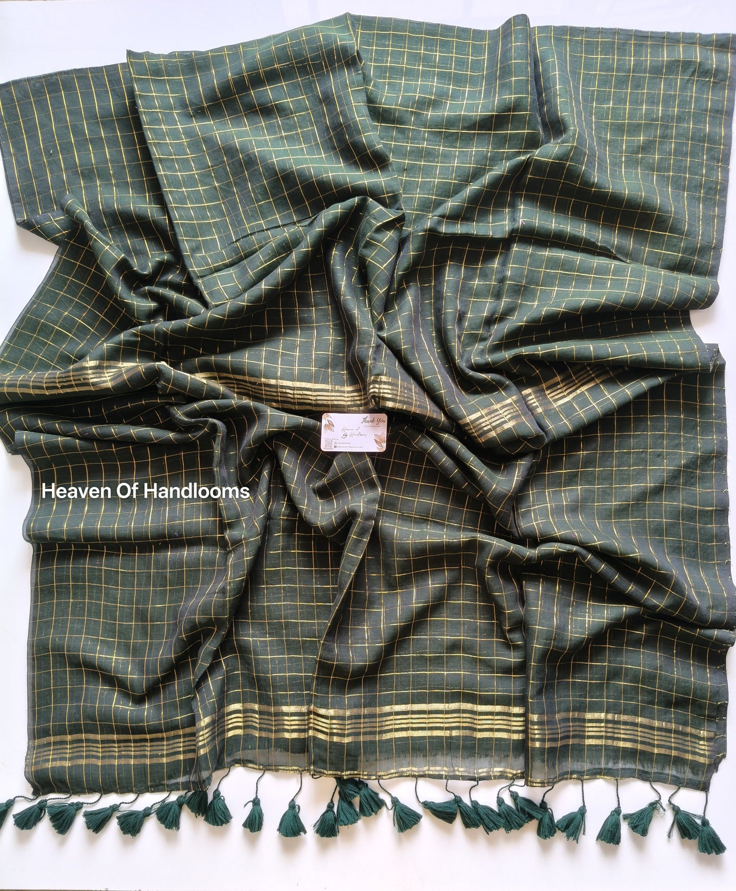 Festive Saree - Bottle  Green Golden Zari checked