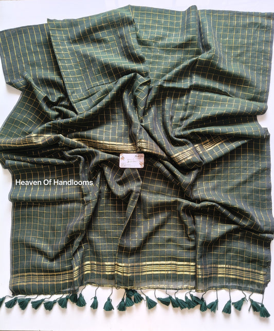 Festive Saree - Bottle  Green Golden Zari checked
