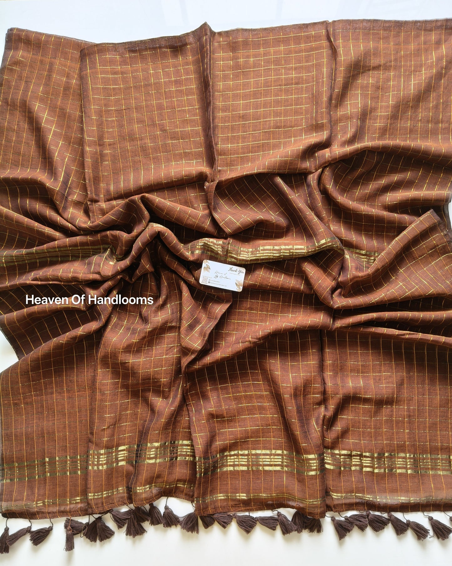Festive Saree - Choco Golden Zari checked