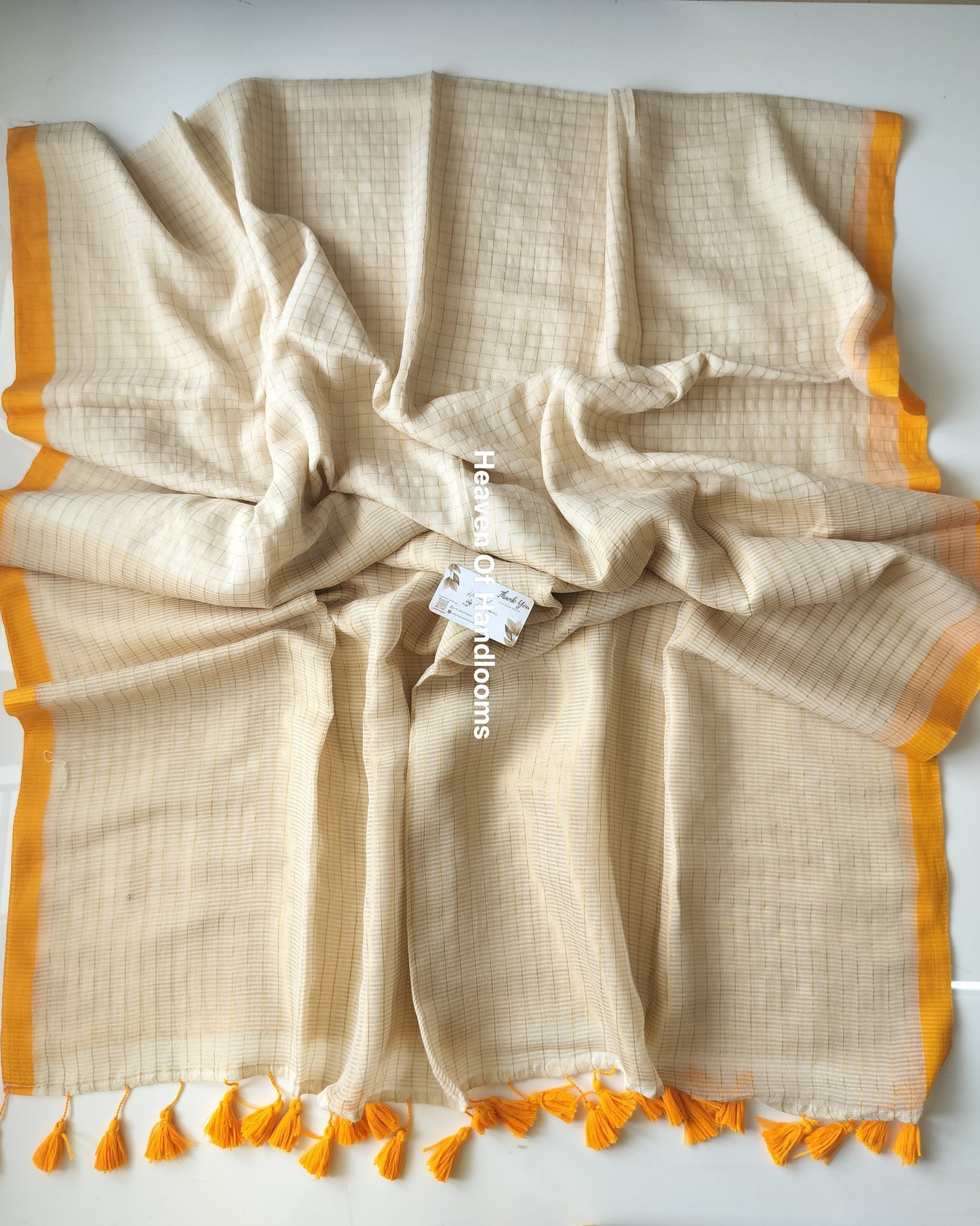 Onam-Vishu Saree -Cream Check Yellow Border