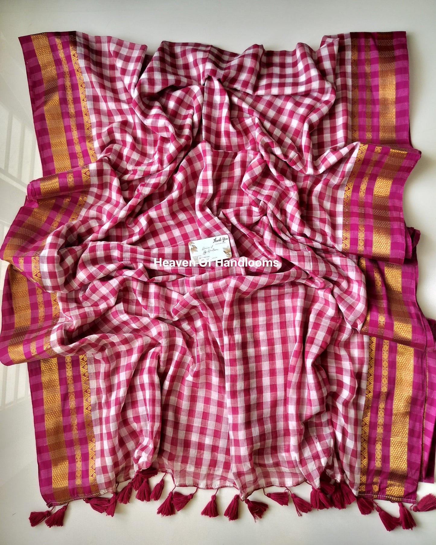 Festive Saree - White Pink Check Box Kanchi