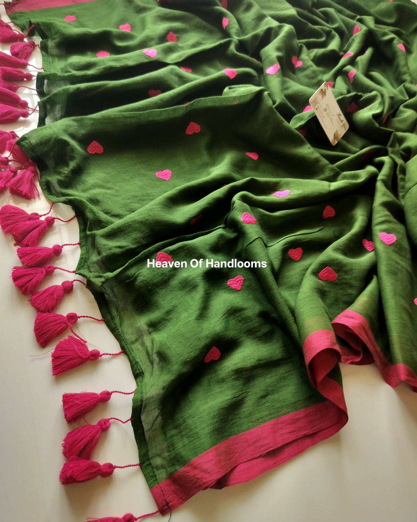 Embroidery Saree -Green Pink Heart