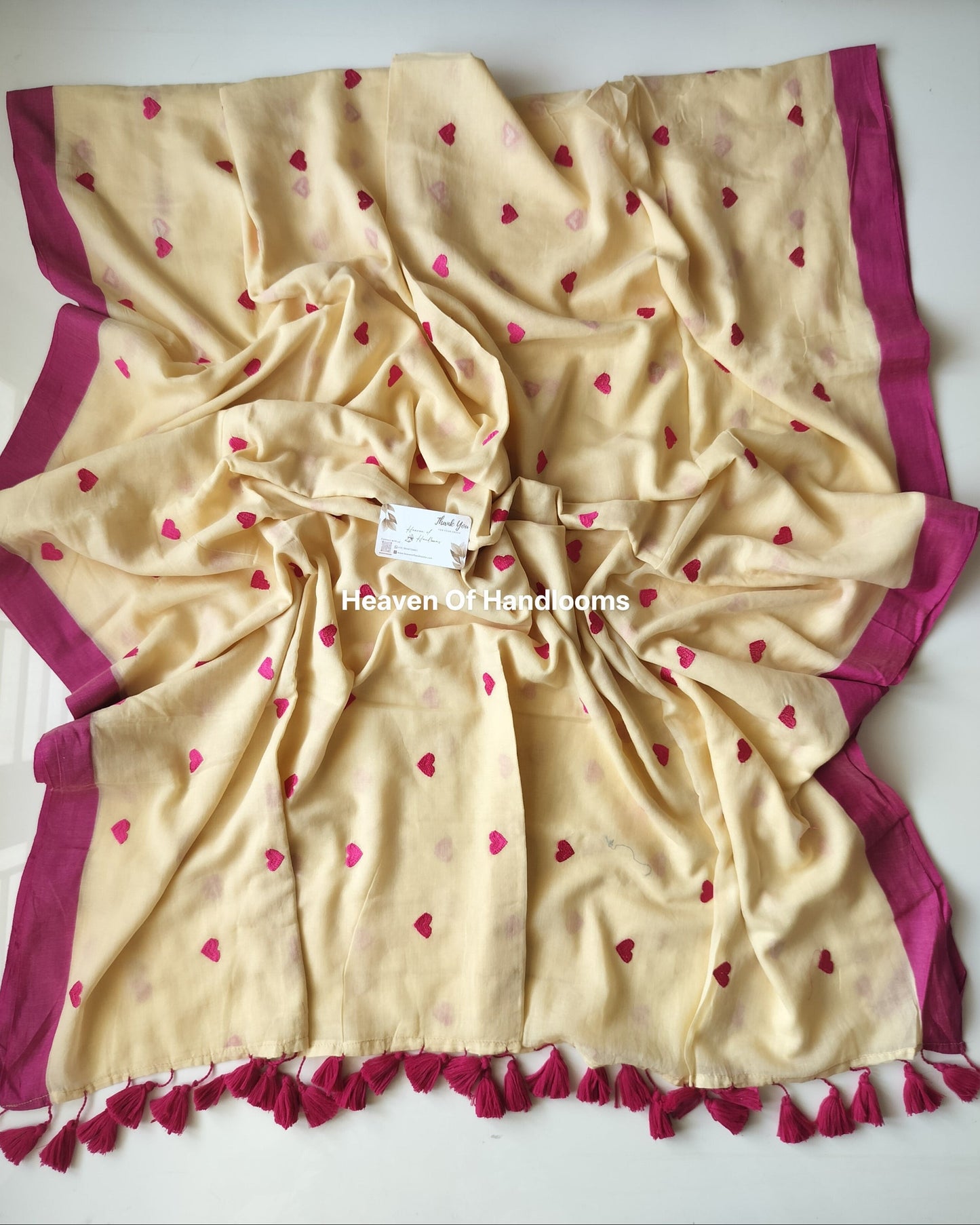 Embroidery Saree -Cream Pink Heart