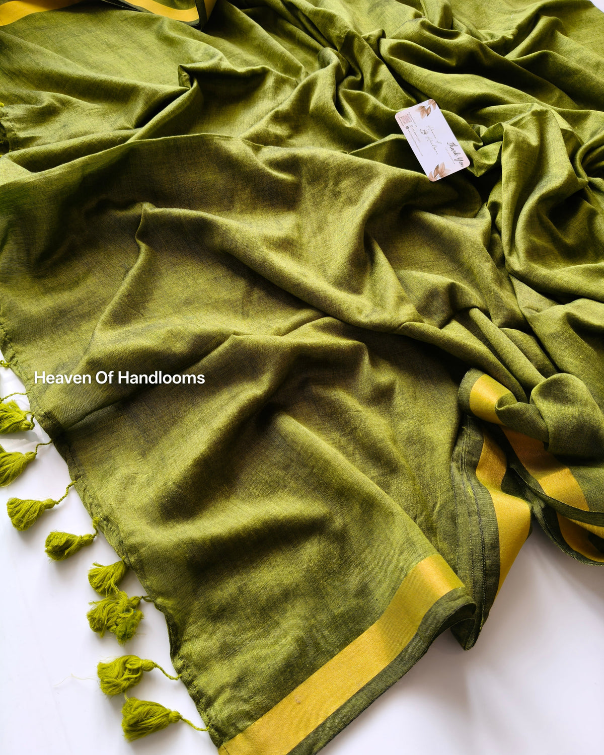 Festive Saree - Olive  Green Plain  Zari