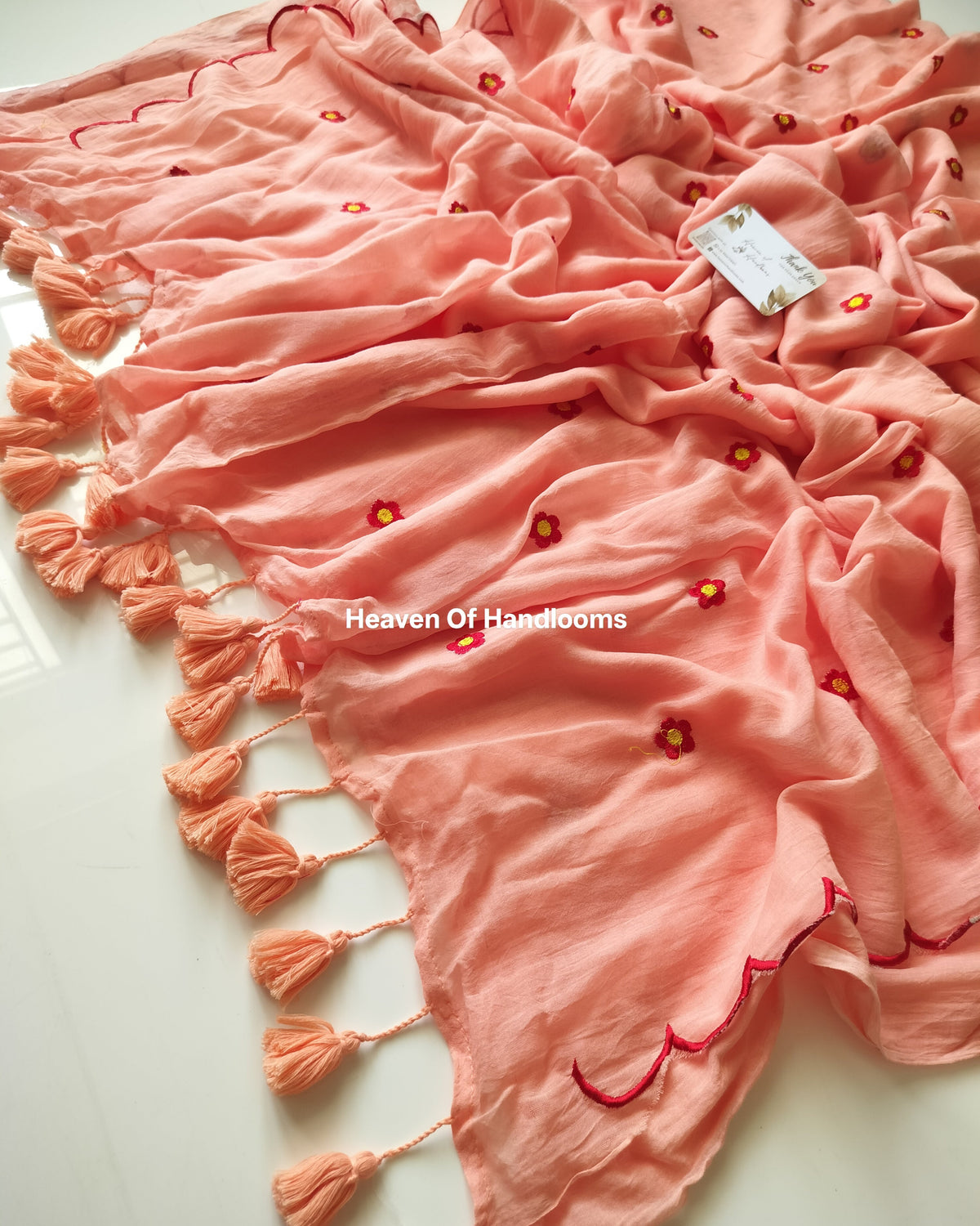 Embroidery Saree - Peach Scallop