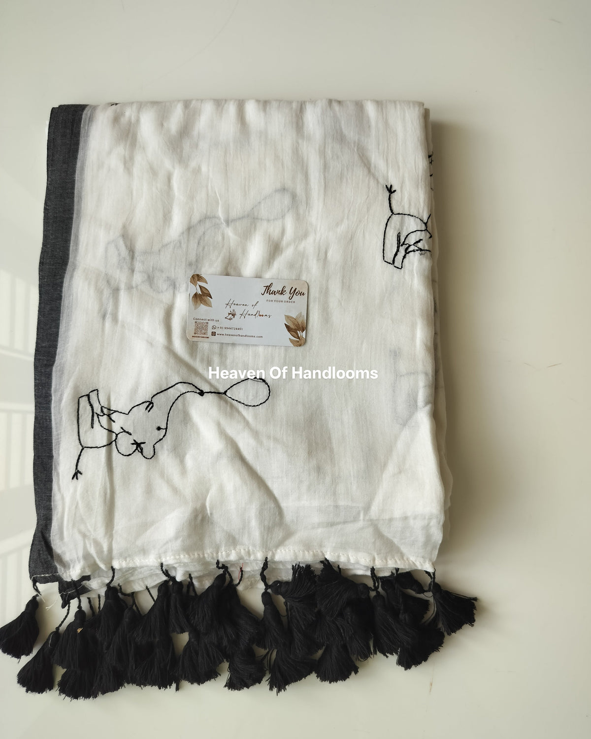Embroidery Saree - Elephant B&W