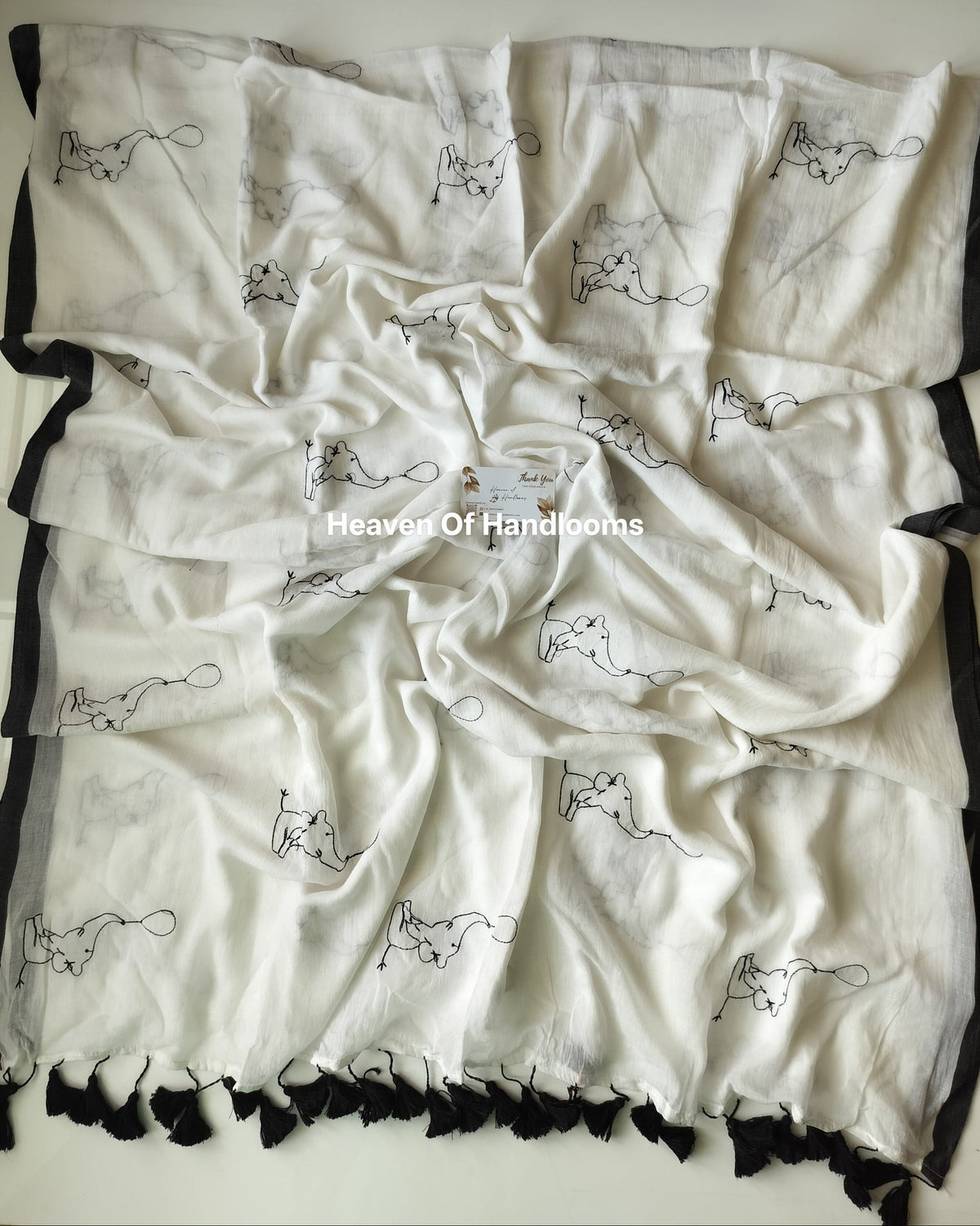Embroidery Saree - Elephant B&W