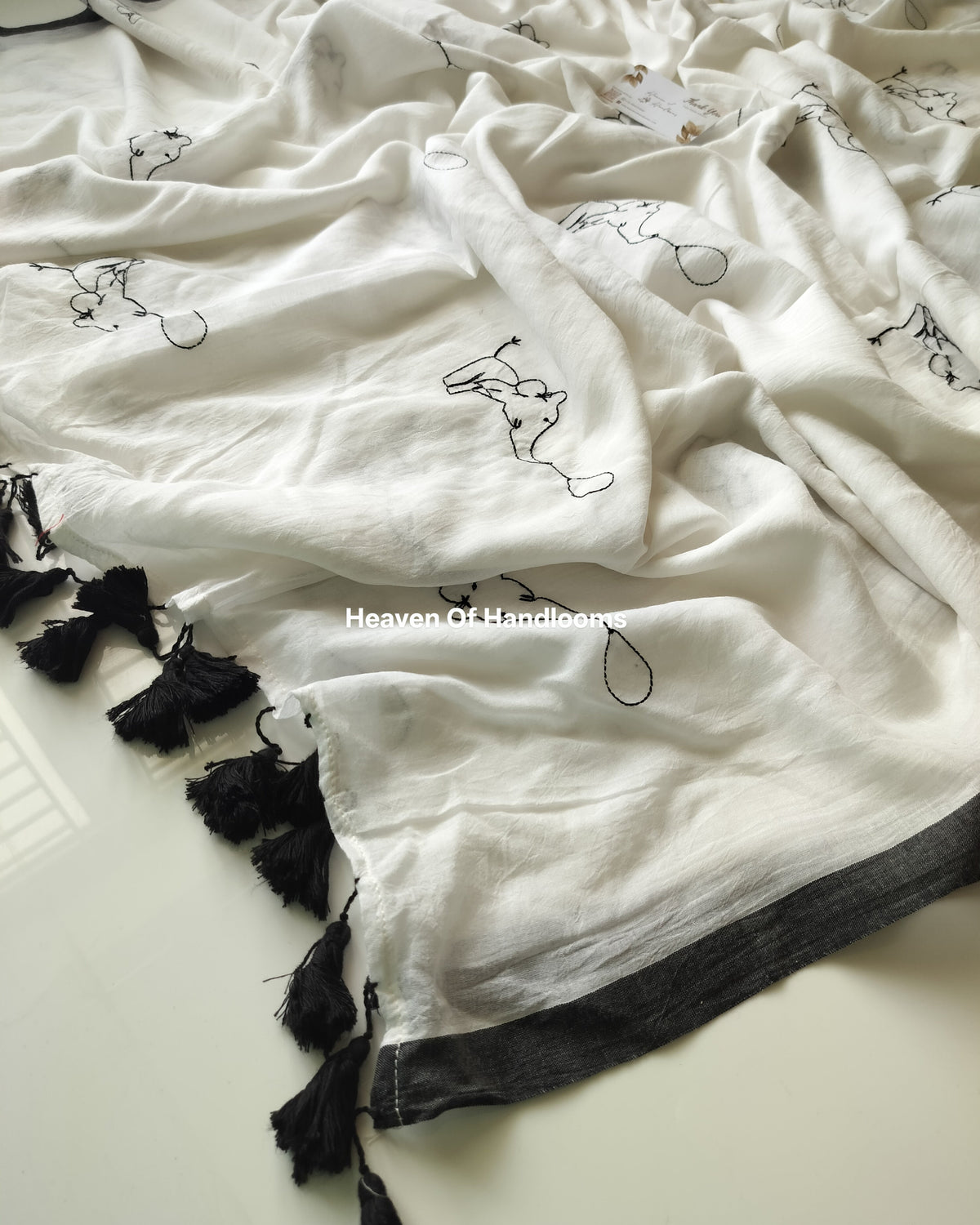 Embroidery Saree - Elephant B&W