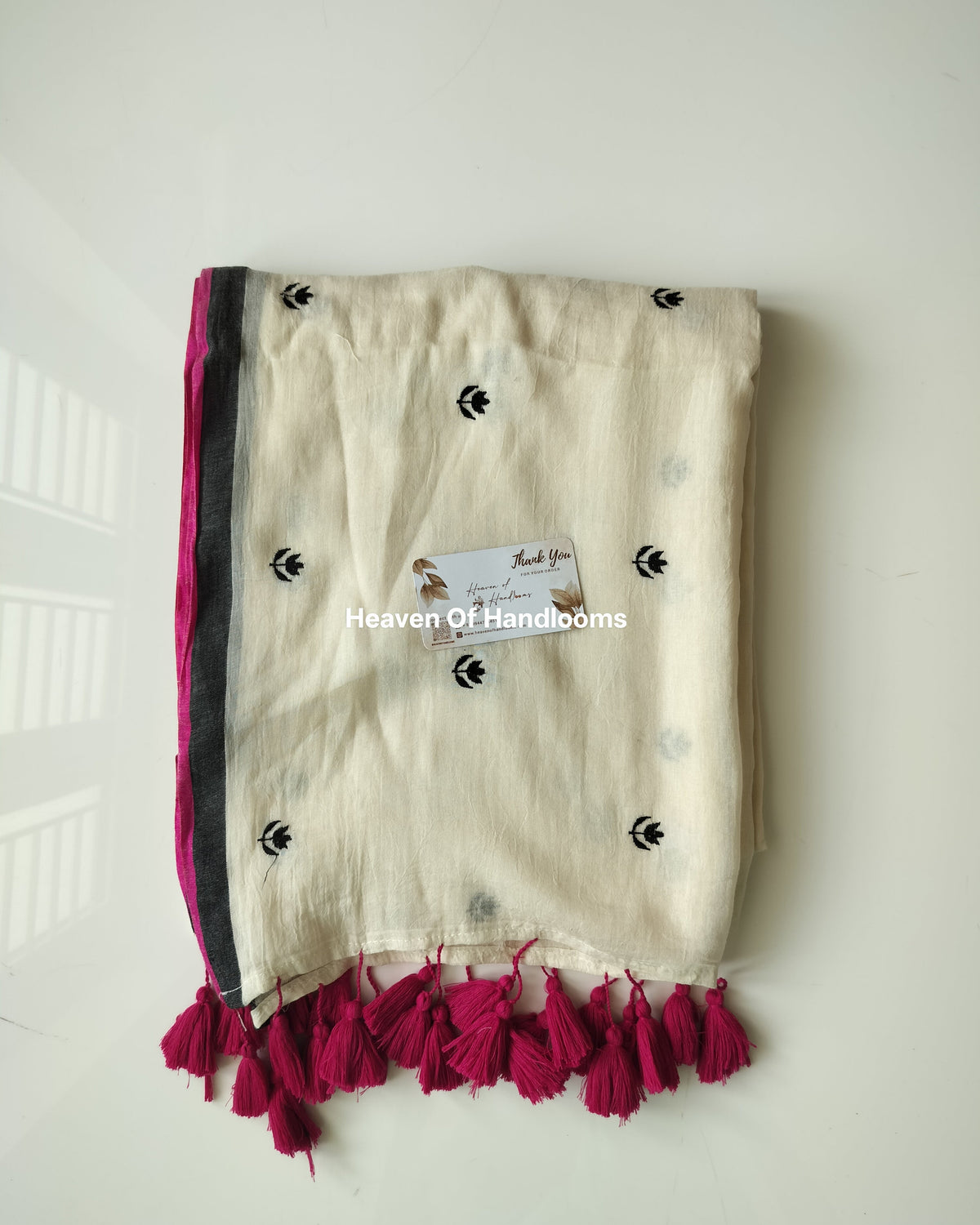 Embroidery Saree - Black Border Cream