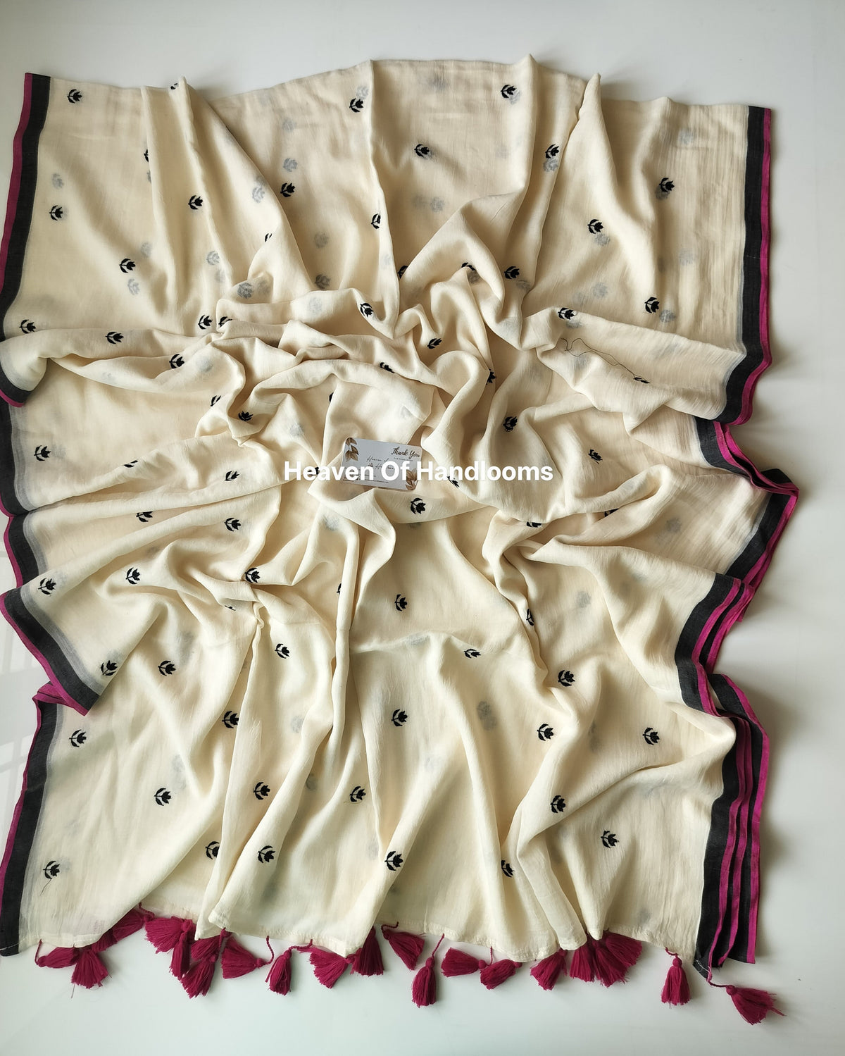 Embroidery Saree - Black Border Cream