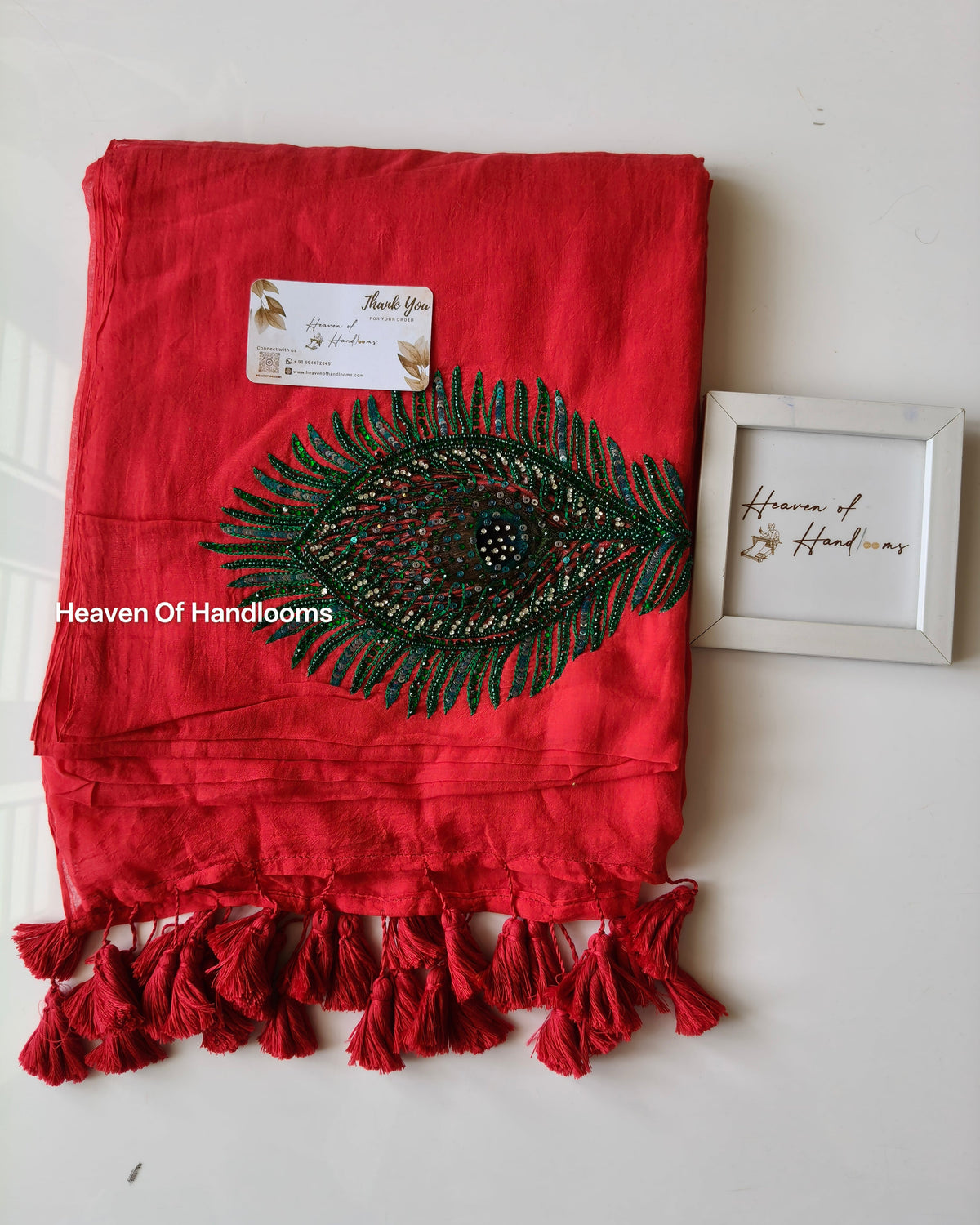 Premium Hand Stitch - Red Peacock Feather